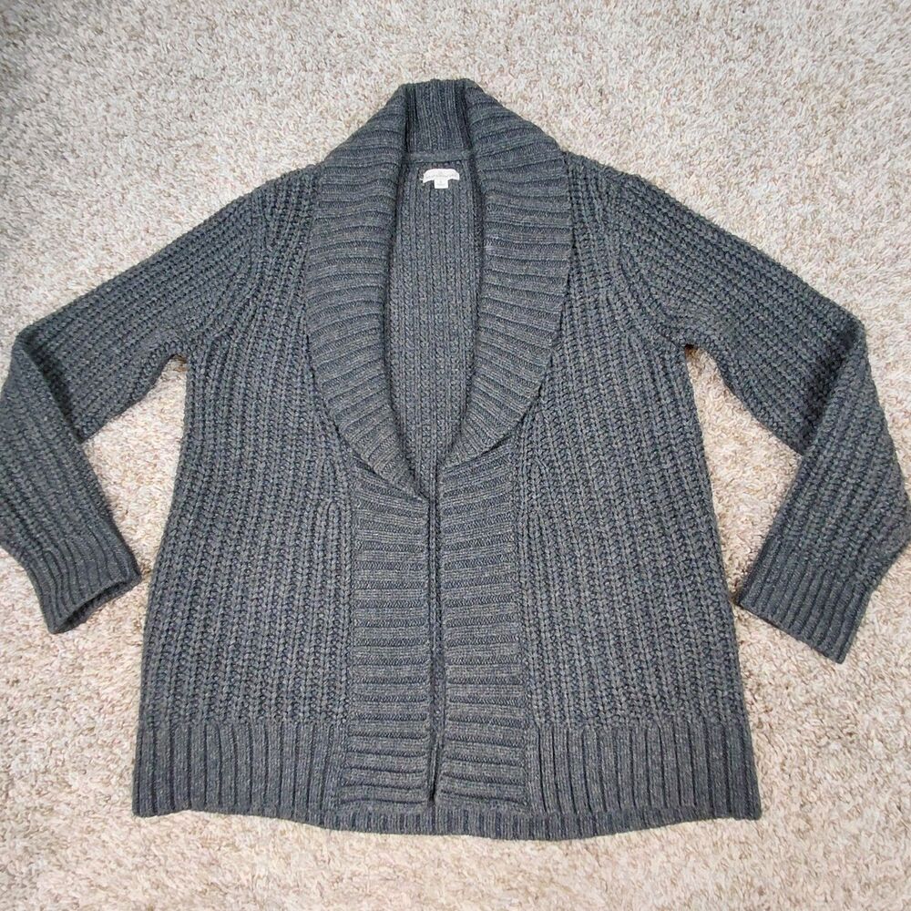 LL Bean Signature Sweater Womens Small Dark Grey Open Cardigan Shawl Chunky Wool